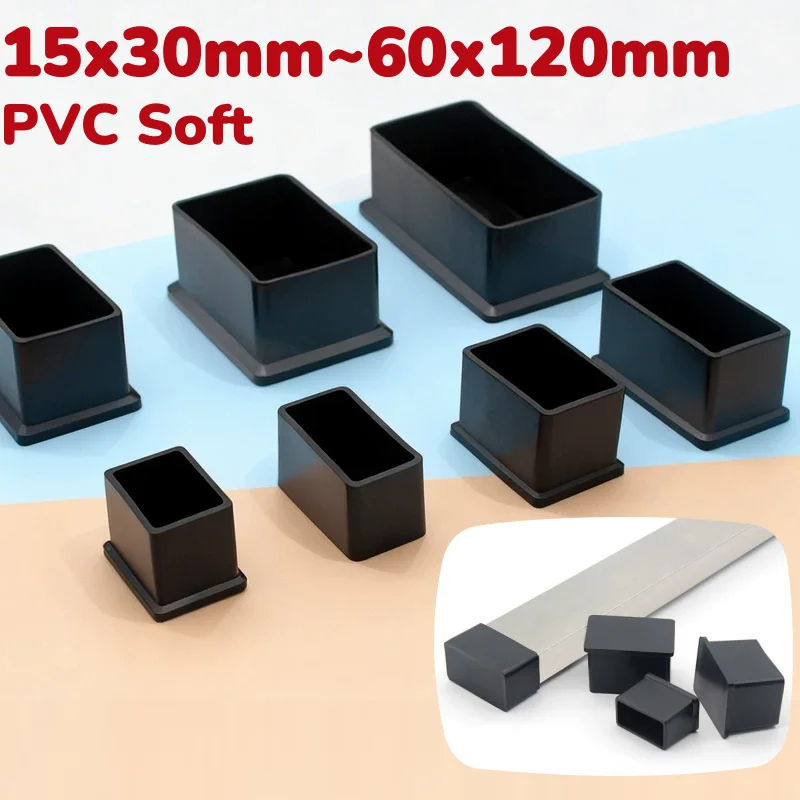 Black Square PVC Soft Chair Leg Caps Furniture Feet Covers Socks Table Pipe Plugs Waterproof Leveling Feet Floor Protector Pads