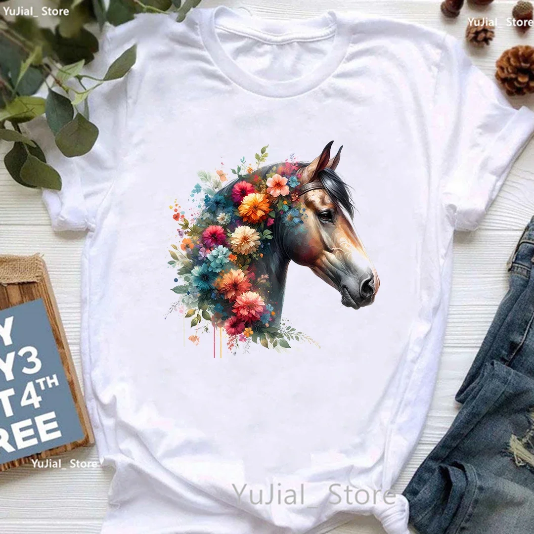 

Floral Horses Printed T Shirt Women Clothes 2024 Summer Fashion Tops Tee Shirt Femme Harajuku Kawaii T-Shirt