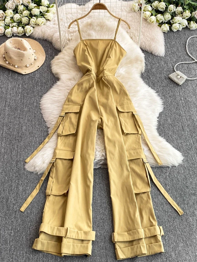 

Лето 202, новая женская верхняя одежда без рукавов с несколькими карманами, большие размеры, утягивающий комбинезон с высокой талией и широкими штанинами для поездок на работу