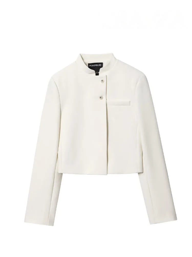 

HH Women's Autumn Fashion Jackets White Half-High Collar Long Sleeves Pockets Single-Breasted Female High Street Coats