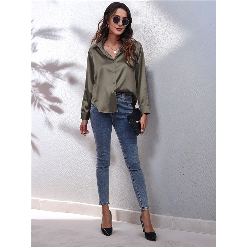 

A83F-Women's Satin Button Down V-Neck Long Sleeve Tops Summer Silk Blouses Fashion Spring Shirt 2025