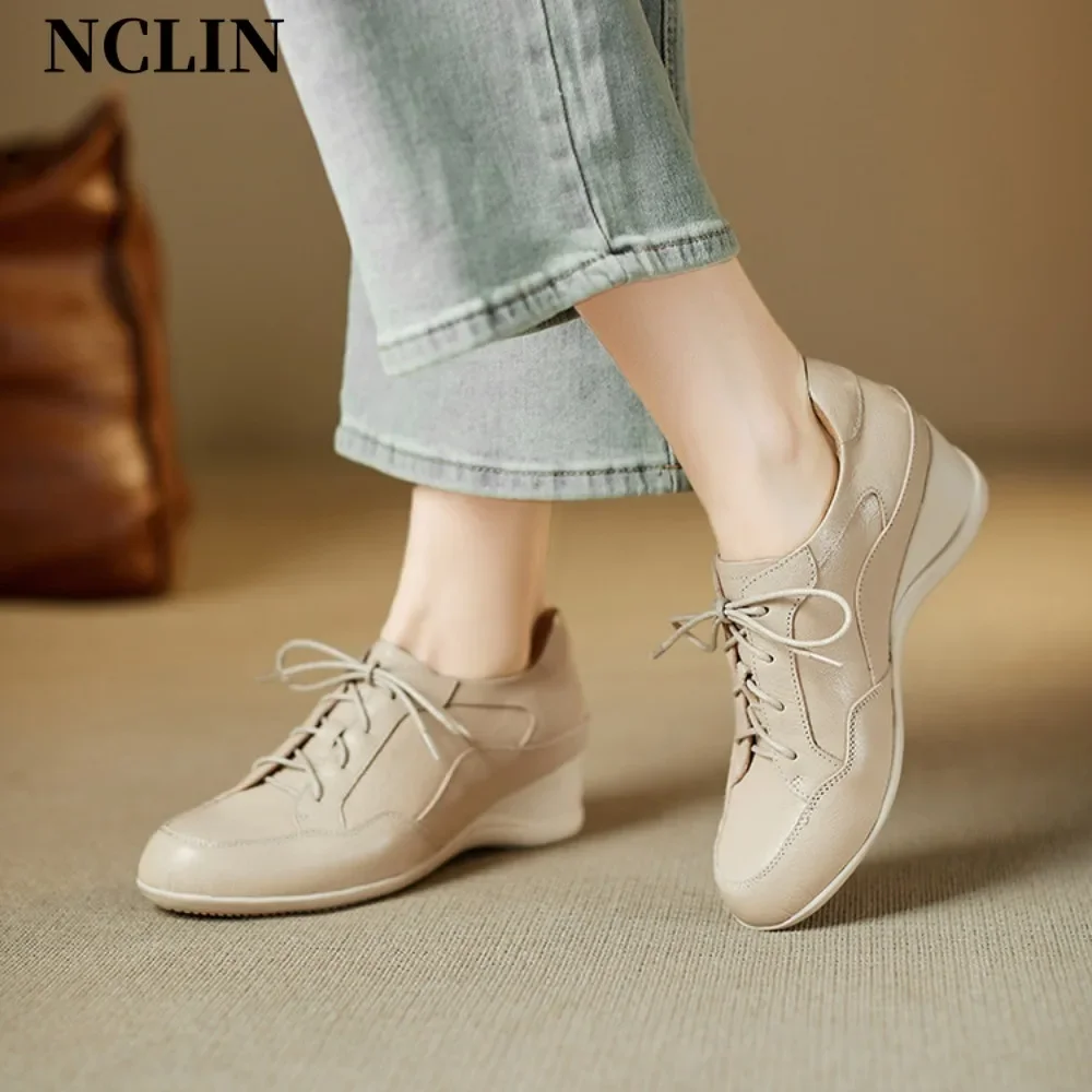 

2025 Women Loafers Shoes Genuine Leather Thick Heels Student Shoes Female Lace Up British Style Lady Oxford Shoes Footwea
