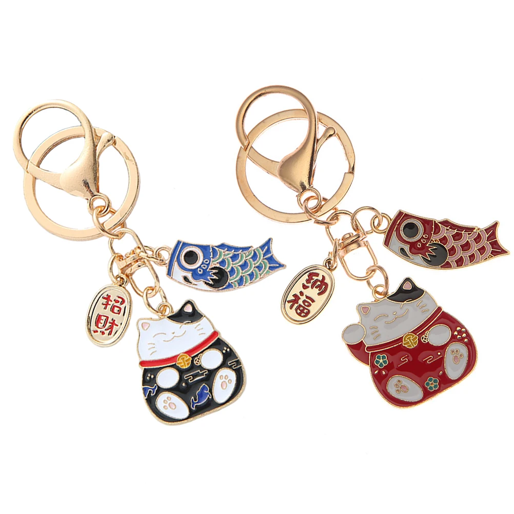 

2pcs Red Blue Keychain Kawaii Fortune Cat Bag Decor New Year Gift Schoolbag Accessory Zinc Alloy Charm