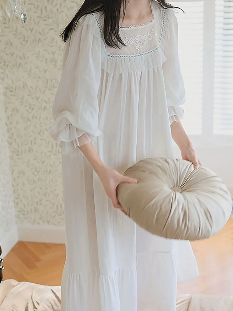 Women Pure Cotton Ruffles Vintage Night Gowns Robe Long Dress Victorian Romantic Princess Sleepwear Vintage Nightdress Homewear