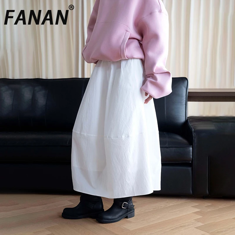 FANAN Autumn New Women Bud Midi Skirt Elastic High Waist A‑Line Loose Casual Long Half Skirt Solid Oversized Skirt Streetwear