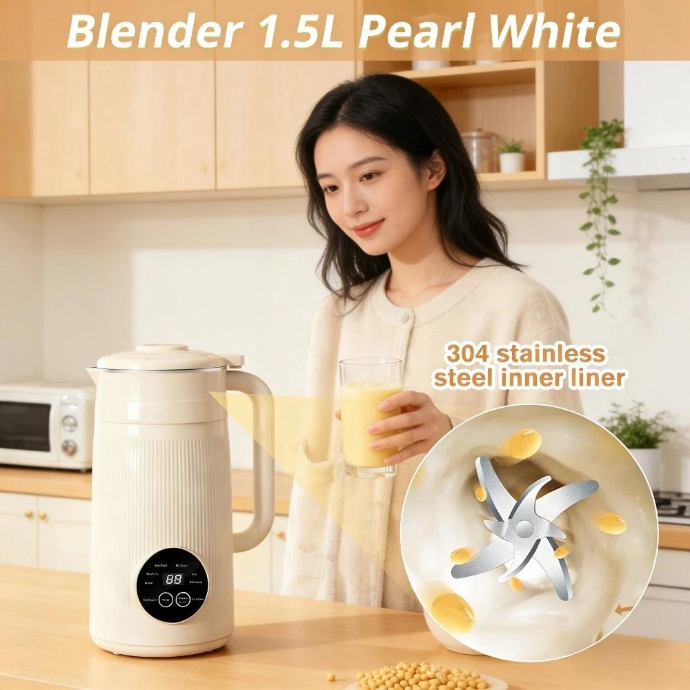 

1.5L Household Blender Nut Milk Maker 304 Stainless Steel Liner 12 Blades Soy Milk Machine with 12H Keep Warm Self-Cleaning