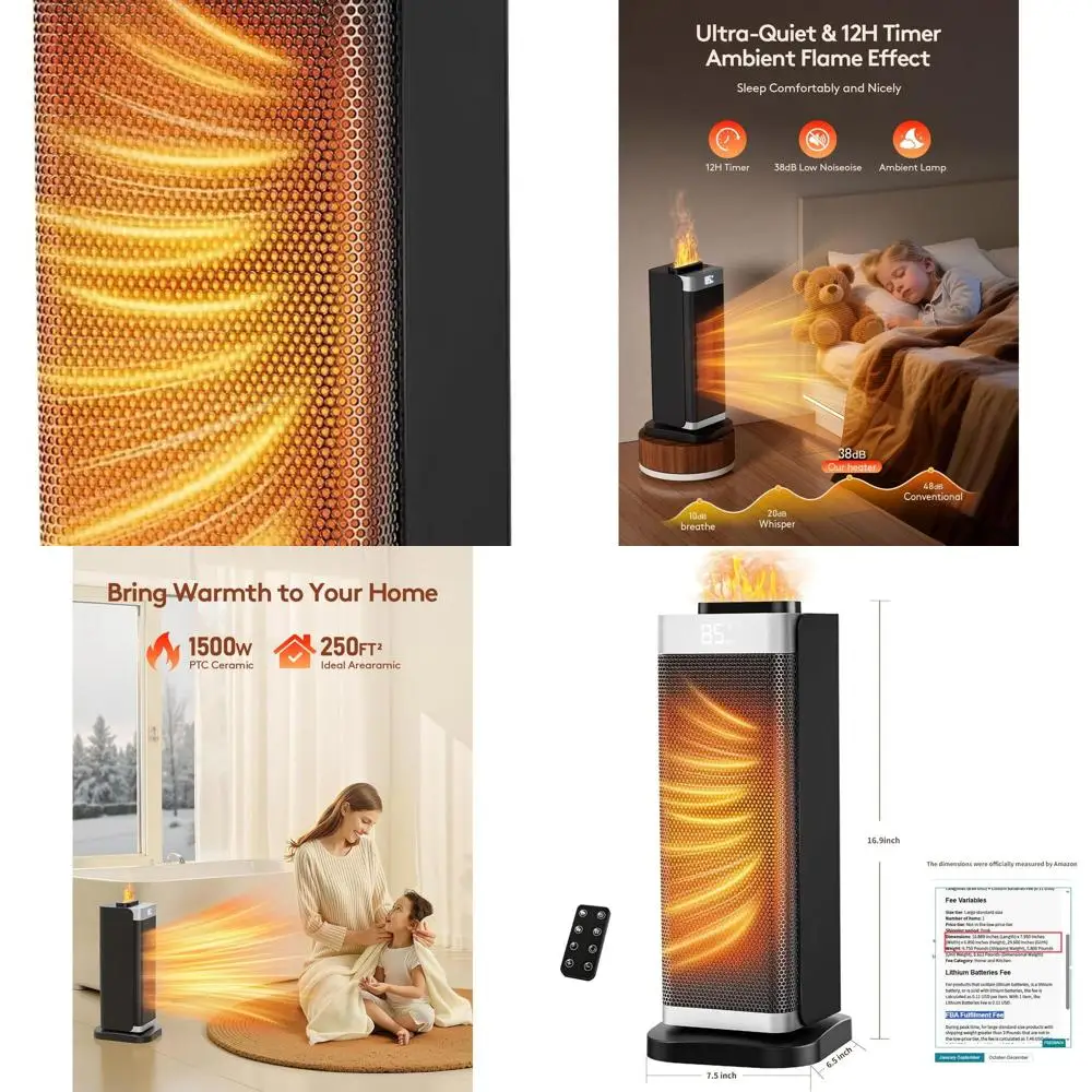 

3-in-1 Portable Indoor Space Heater with Humidifier, Ambient Light, and Thermostat, 70° Oscillation, 12H Timer, Ultra-Quiet for