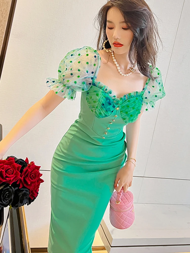 Abiti estivi per le donne 2023 dolce elegante Sexy verde trasparente maglia impiombata manica a bolle Bodycone fessura Robe Party banchetto Vestido