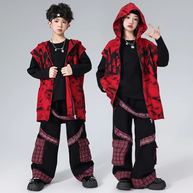 Ropa de baile de Hip Hop para niños y niñas, chaleco rojo con capucha, pantalones Cargo, traje de actuación de baile callejero, ropa de escenario de Hip Hop BL14229