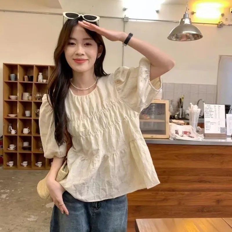 Folds Shirts and Blouses Korea O-neck Fashion Woman Blouse 2024 Puff Short Sleeve Ruffles Ladies Top Female Solid Clothes New