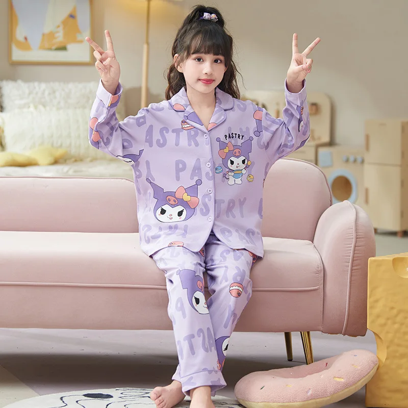 لطيف Kuromi الأطفال القطن الخالص الكرتون منامة بلدي ميلودي الإناث ربيع الخريف طويلة الأكمام السراويل التلبيب صالة الملابس دعوى