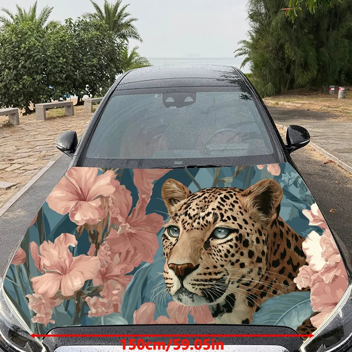 Car Decal Leopard with Pink Floral & Teal Foliage Artistic Background & Ferocious-Vintage Botanical Aesthetic Car Hood Sticker,