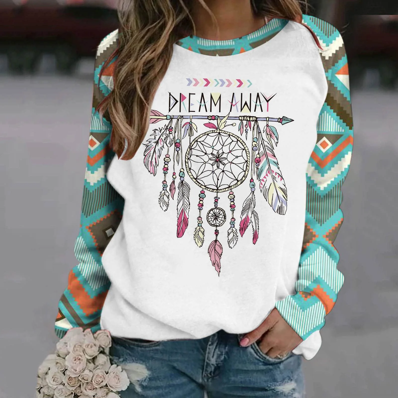 Ethnic Style Vintag Hoodies Long Sleeve Printed Crew Neck Pullover Autumn Winter Loose Tees for Women Ladies Sweatshirt Blouse