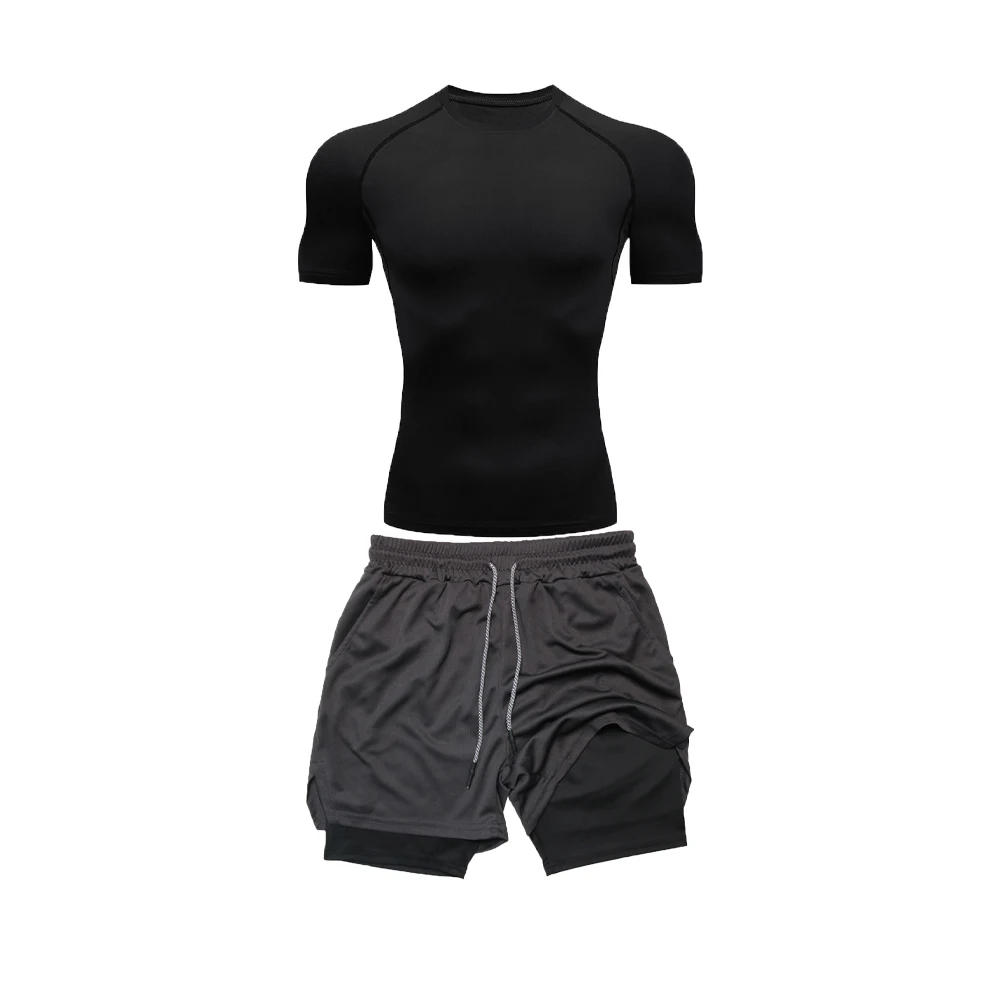 Men's Compression Tight Suit Quick-drying Short-Sleeved Double-Layer Shorts Sports Fitness Suit Casual Summer