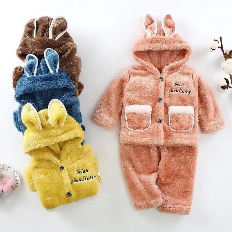 

Kids Pajama Set Coral Fleece Plush For Boys Girls Children Autumn Winter Homewear Soft Warm Hooded Bunny Ears Comfortable