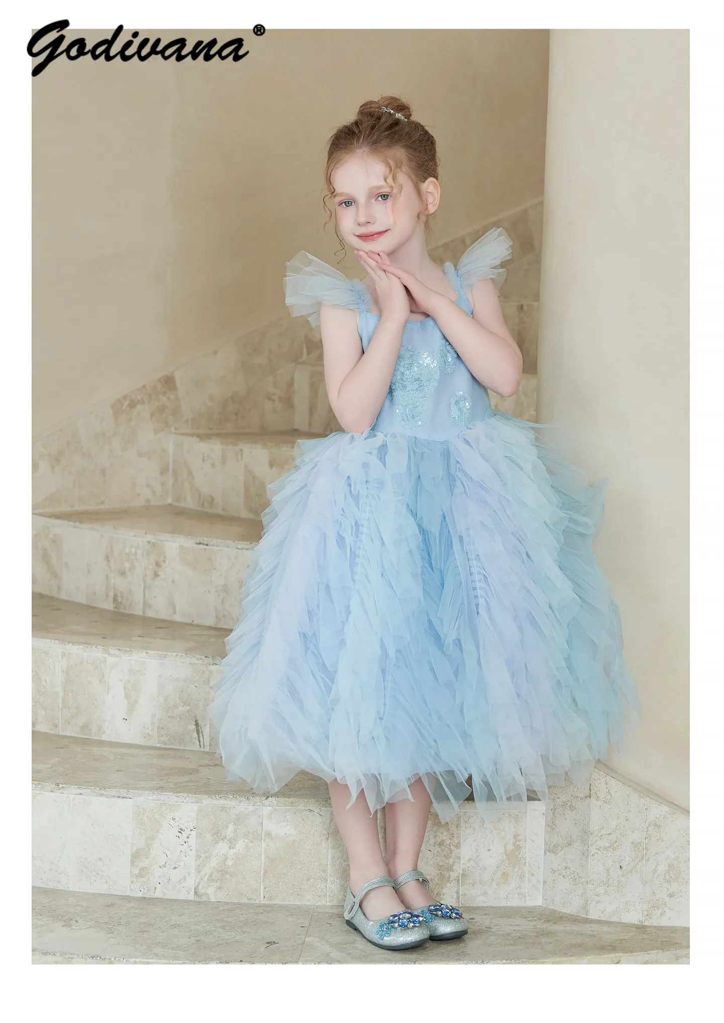 2026 New Summer Sweet Girls Sleeveless High Waist Princess Slip Dress Kids High End Blue Sequin Thin Tulle Birthday Party Gown