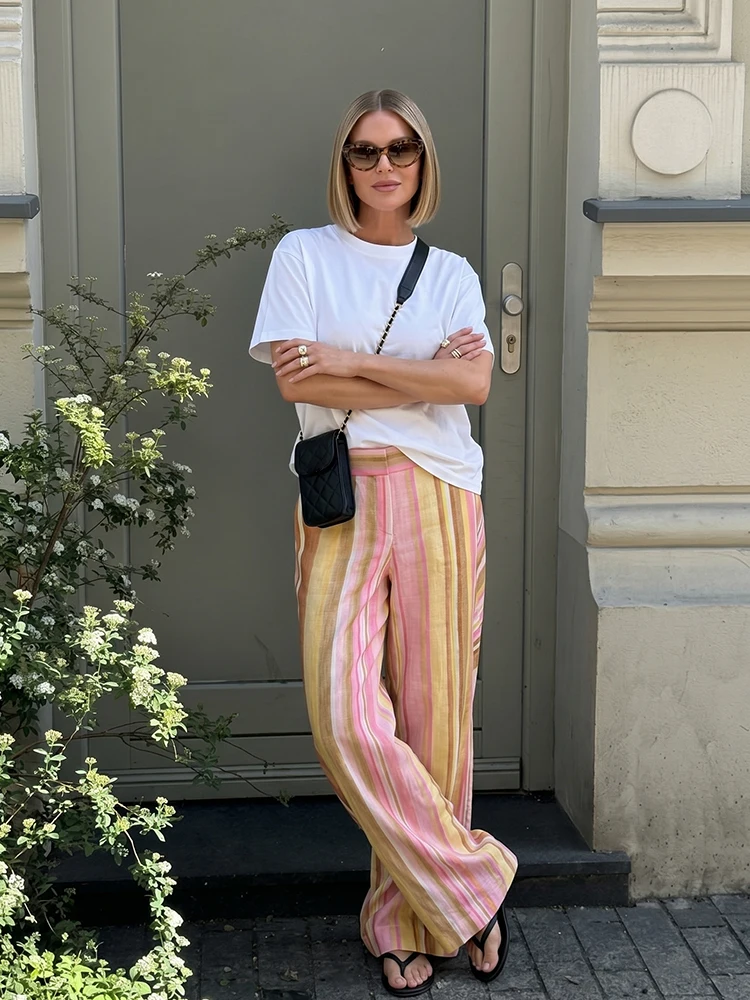

HH Bohemian Striped Wide Leg Pants For Women 2026 New High Waist Wide Leg Pants Summer Beach Daily Simple Business