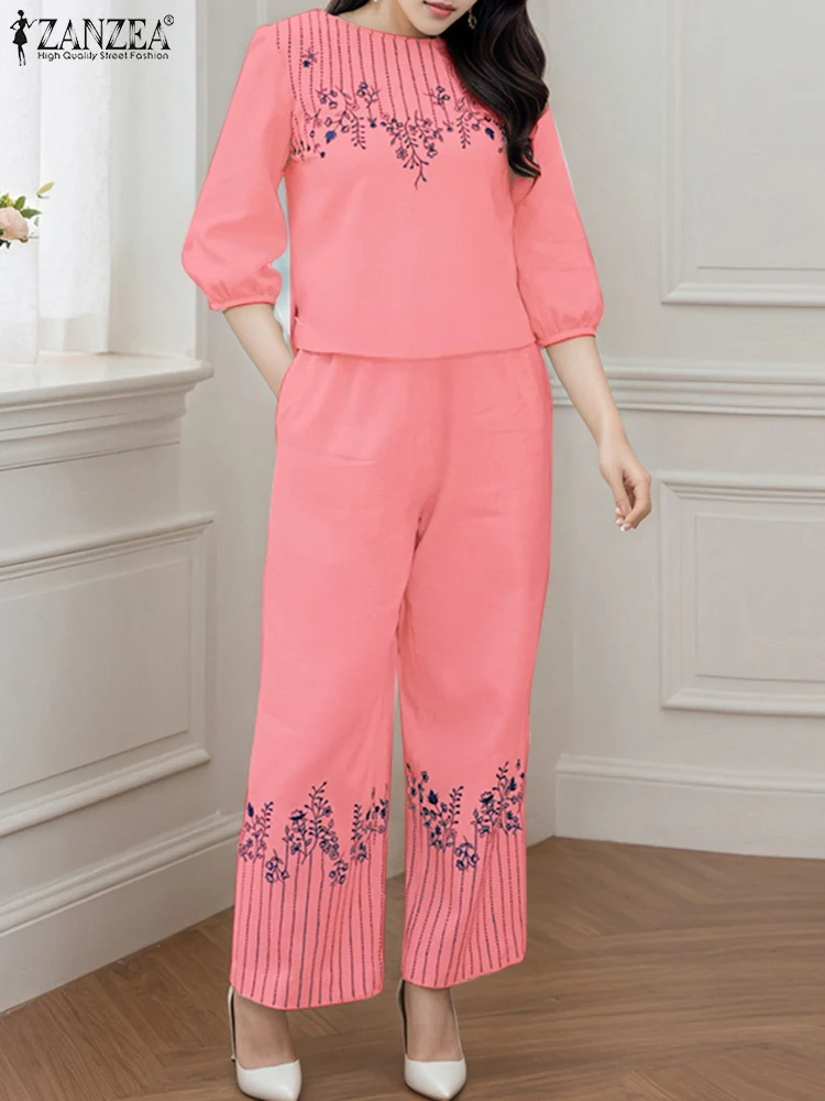 ZANZEA Frauen Breite Bein Hosen Sets Retro Gedruckt Bluse Hosen Elastische Taille Taschen Büro dame Anzüge 2025, Casual Passenden Sets