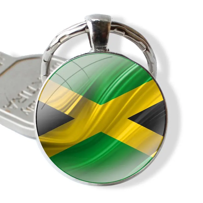 Cartoon Fashion Creative Design Keychain Handmade Glass Cabochon Key Ring Holder Pendant Key Chains Jamaican Flag