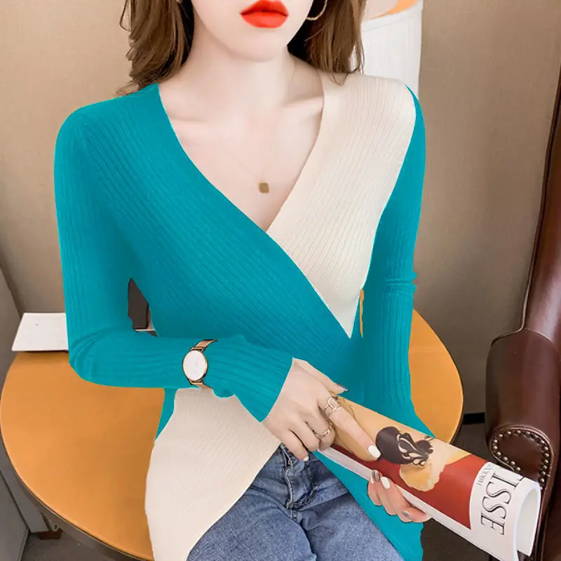 Fashion V-Neck Knitted Spliced Loose Irregular Sweater Women\'s Clothing 2022 Autumn New All-match Casual Pullovers CommuteTops