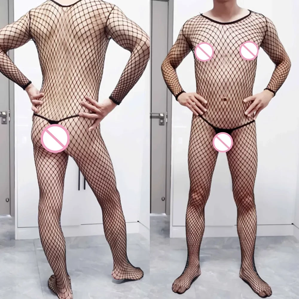 

Porno Club Night Wear Men's Fishnet Jumpsuit Male Pantyhose See Through Hollow Body Underwear Crotchless Sissy Sleepwear