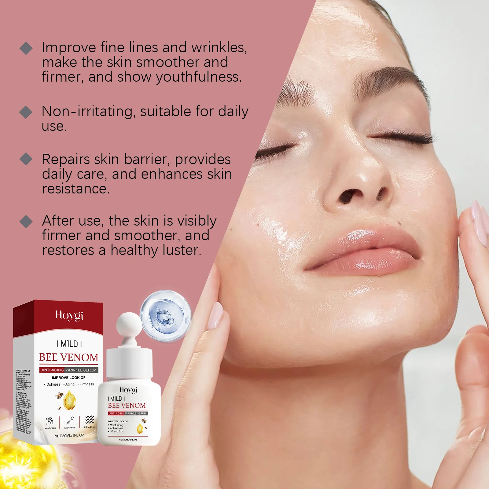 HOYGI Bee Venom Serum for Face Firming Improve Sagging Skin Repair Barrier Reduce Fine Lines Smoothing Tightening Skin Care 30ml