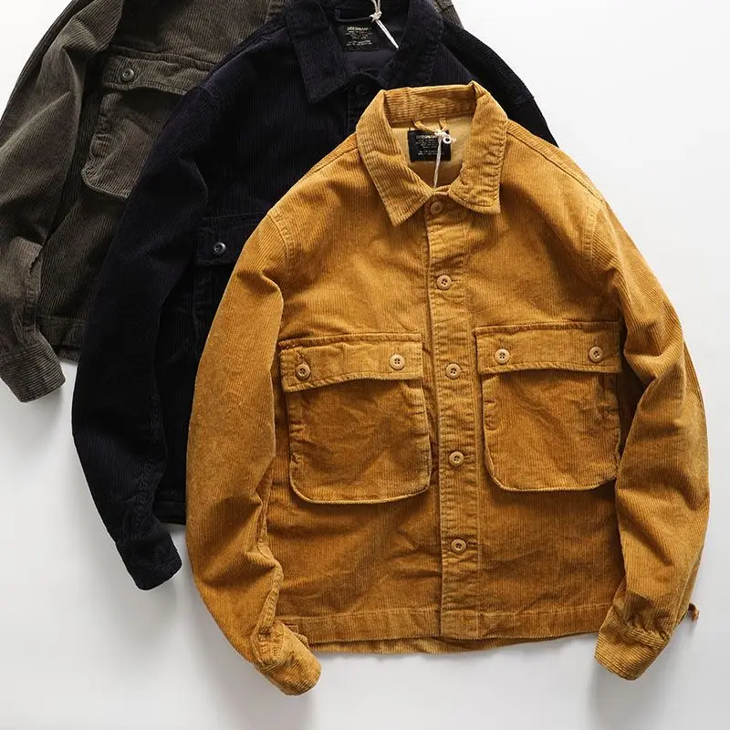 Heavyweight Corduroy Workwear Jacket Men's Fashion Casual Top Buttoned Polyester Fiber Long Sleeve Youth Popular Spring Autumn