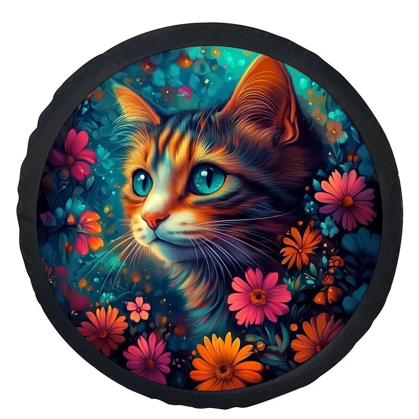 Vibrant Tabby Cat & Floral Wheel Cover - Realistic Blue-Eyed Kitten Design, Durable Black Frame, Fits Most Cars, Easy Installati