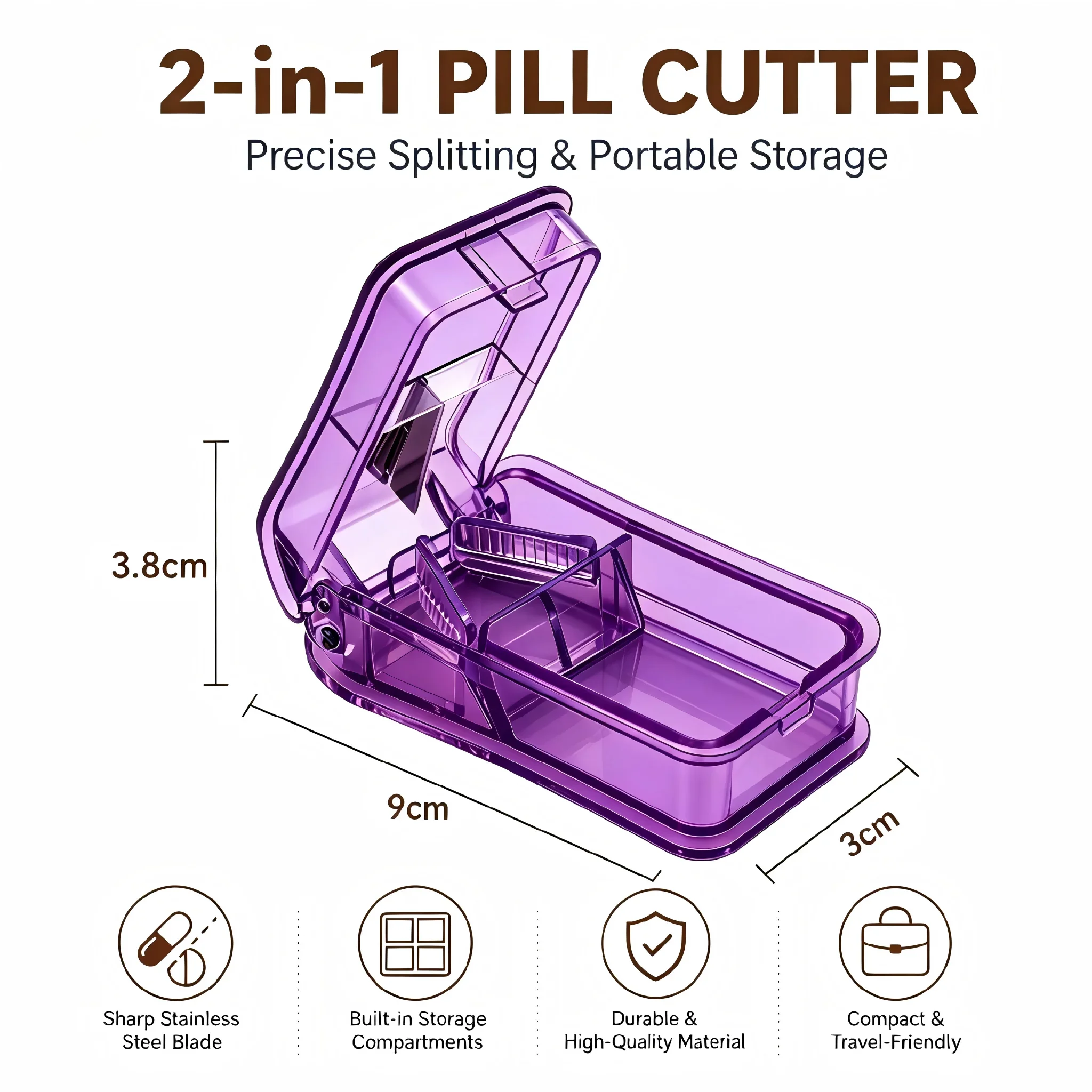 

Portable 2-in-1 Pill Cutter with Storage, Mini Pill Splitter & Medicine Case, Compact Pill Box for Travel, Purse, Pocket & Daily
