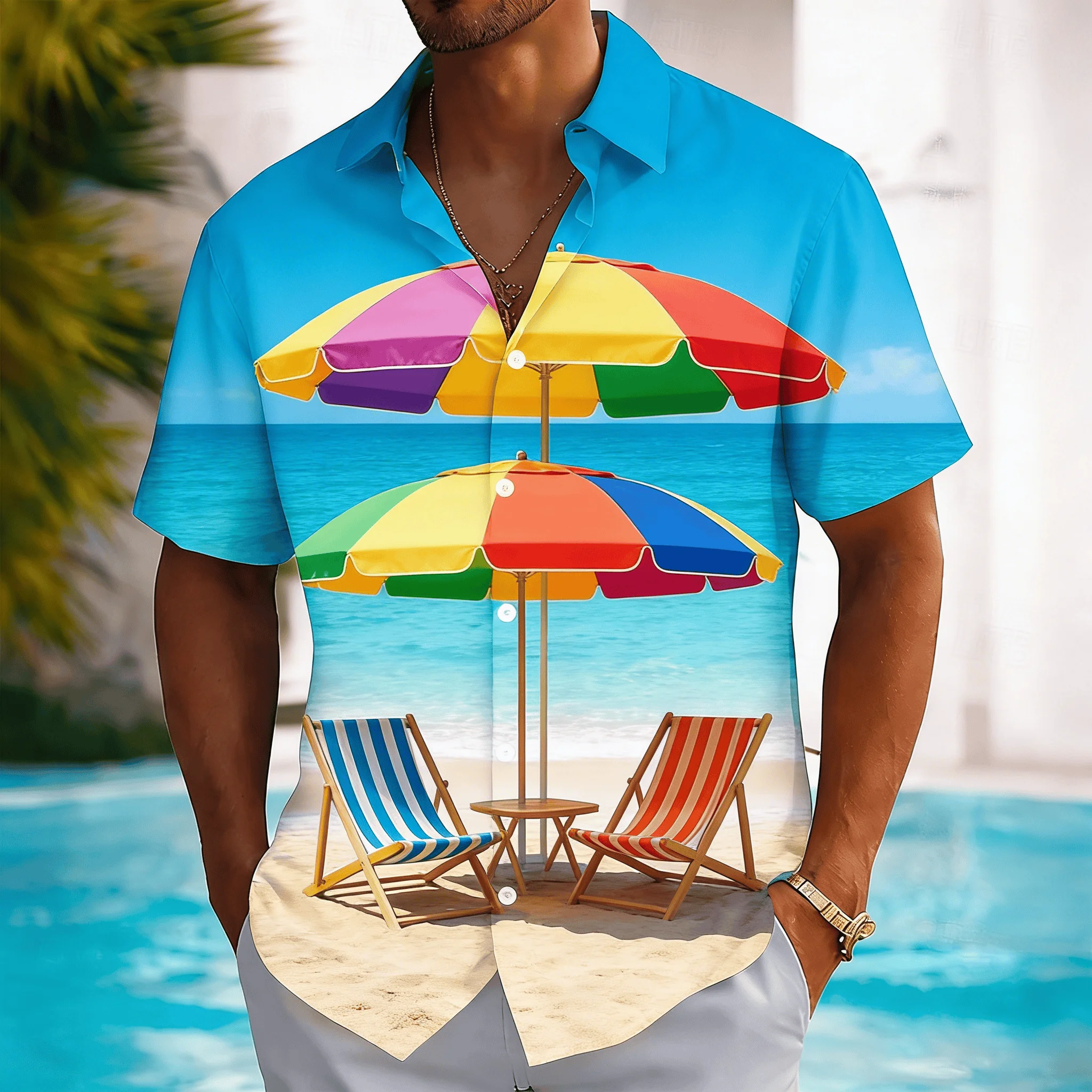 

Men's Beach Vacation Print Short Sleeve Shirt, 3D Scenic Umbrella & Chairs Design Button Down for Spring Summer Casual