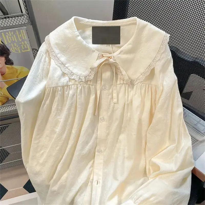 Französisch Süße Elegante Kleine Peter Pan Kragen Puff Langarm Shirts Einfache High Street Alle Spiel Basis Bluse Faule Frauen Kleidung