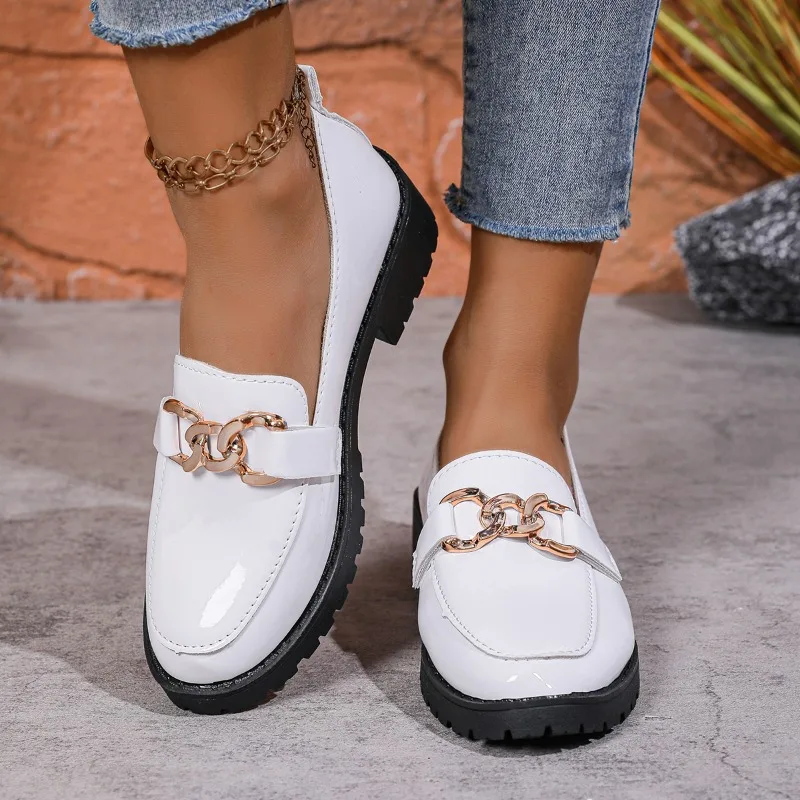Spring Round Toe Loafers Women's British Style High Heels Shoes 2025 Slip on Chunky Heels Woman Fashion Metal Decor Shoes Women