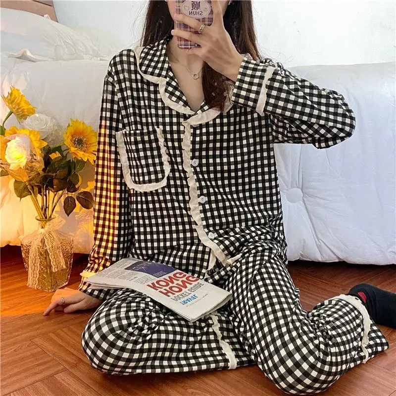 

Pajama Set Women Plaid Minimalist Long-Sleeve Sleepwear Pocket Kawaii Japanese Style Ladies Casual Spring Homewear Loose Fashion