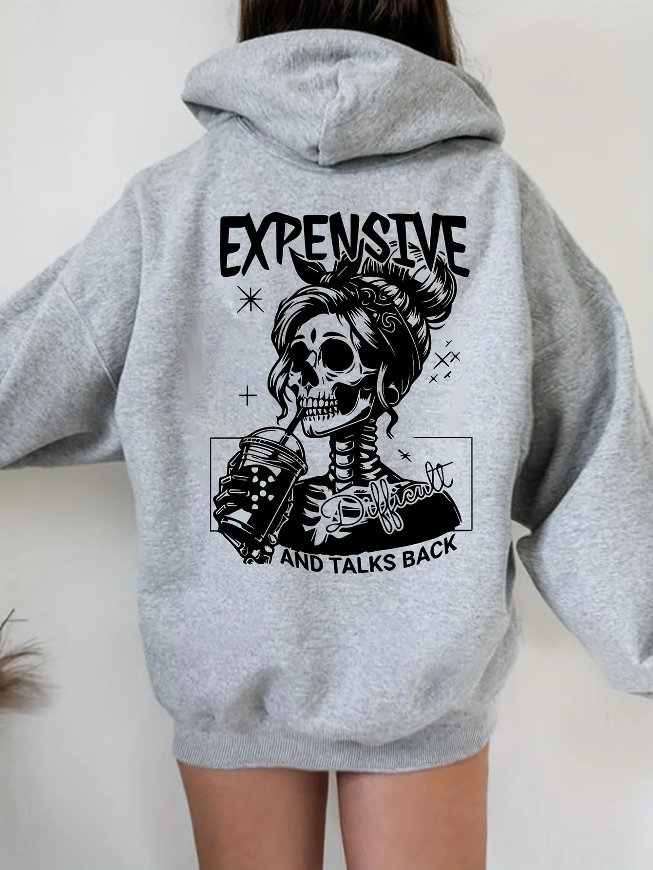 Lässiges Damen-Sweatshirt mit Kapuze und Skelettzeichnung, bequemer und stilvoller lässiger Langarmpullover mit Taschen, Harajuku