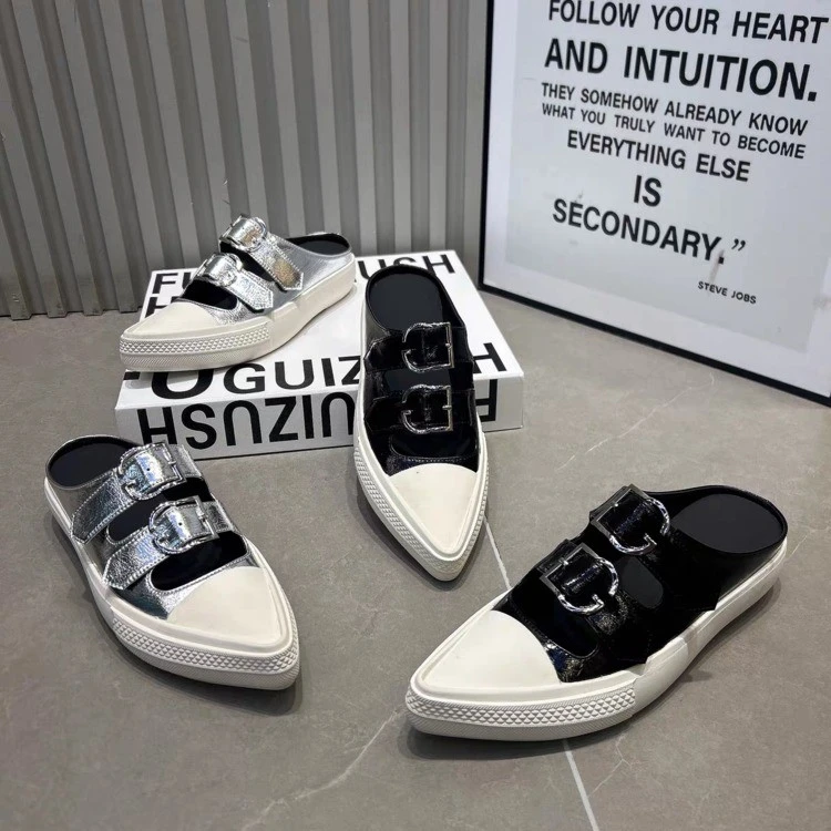 

2026 Summer Women Pointed Toe Mary Jane Mule Slippers Double Buckle Decor Slip On Flats Shell Toe Casual Street Sneaker Slides