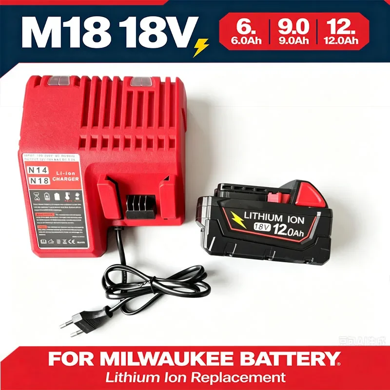 2026 New Style For Milwaukee M18 Power Tool Battery, Charger, BR, XC, 18V, 6.0Ah M18B5, 48-11-1860, Built-in 18650 Battery 12.0A