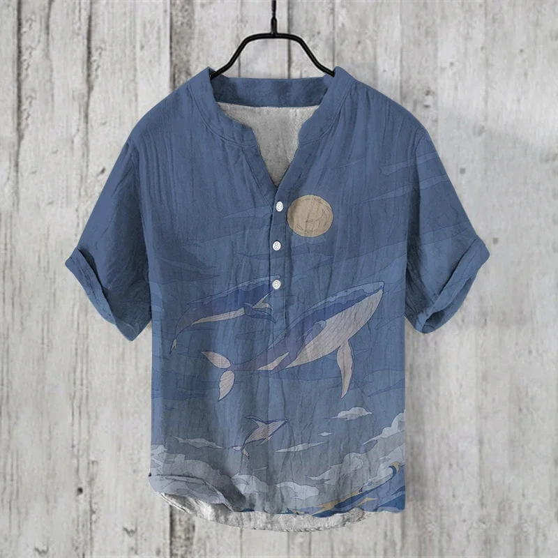 

Men's shirt Henry collar pocket casual beach short sleeved solid color men's top T-shirt retro streetwear