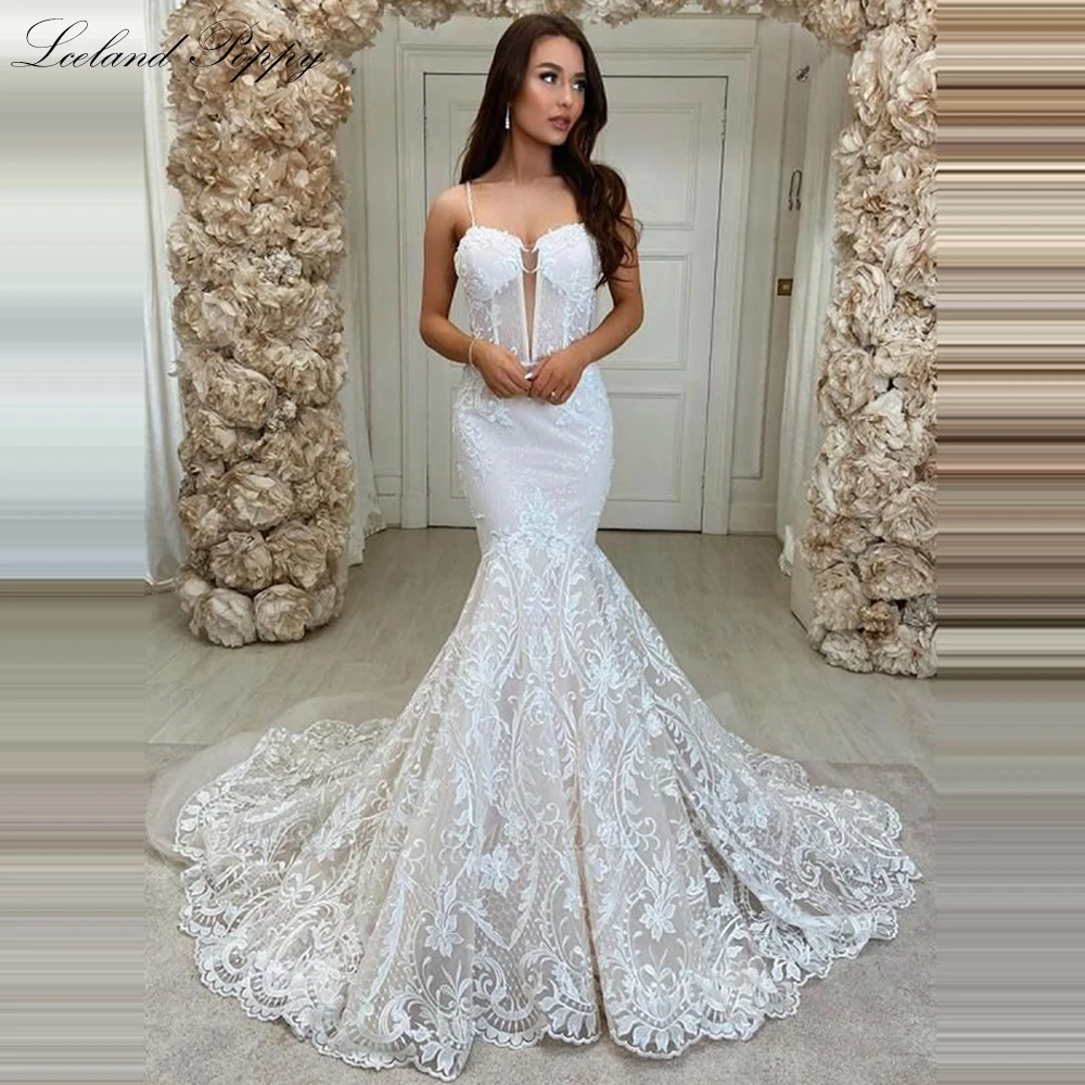 

Lceland Poppy Sweetheart Neckline Mermaid Lace Wedding Dresses Sleeveless Illusion Top Backless Bridal Gowns with Chapel Train