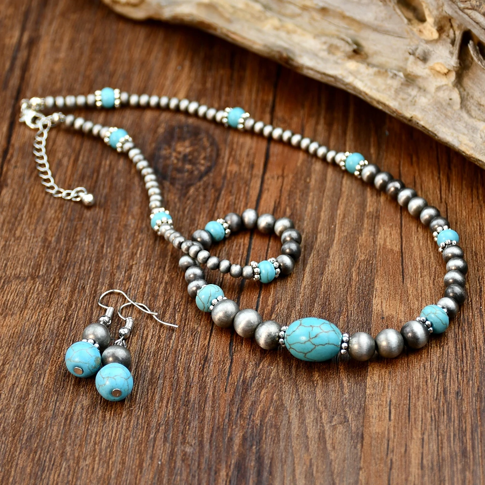 2PCS Vintage Round Beads Inlaid Turquoise Necklace Earring Set Women\'s Fashionable Personalized Handmade Jewelry