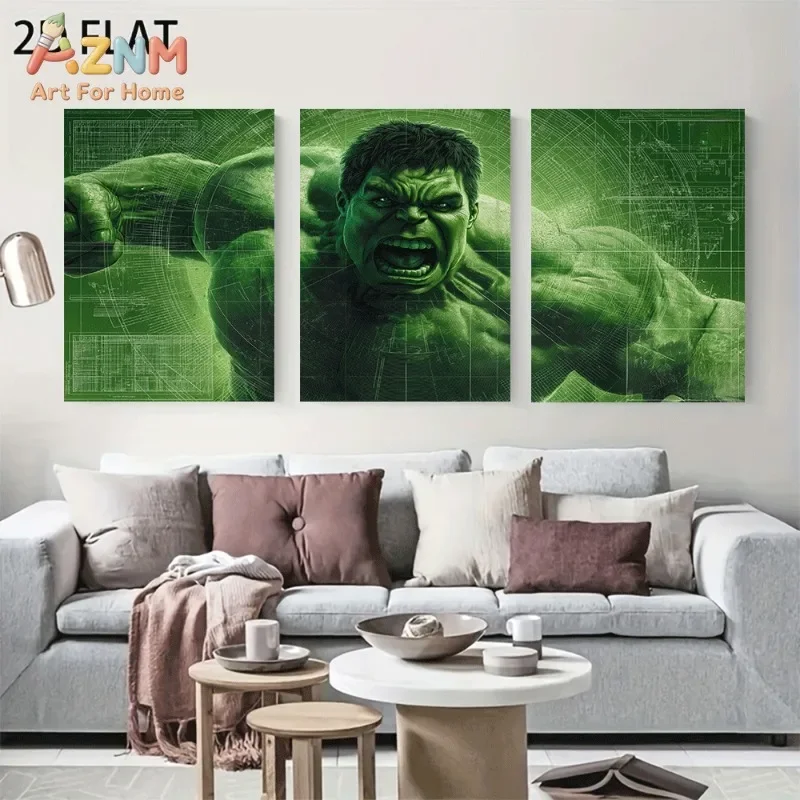 3pcs Hulk Superhero Canvas Wall Art Green Blueprint Roaring Portrait Print Unframed Canvas Painting For Boys Room Living Room