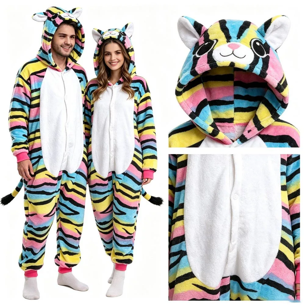 Adult Warm Flannel Unicorn Tiger Zebra Kigurumi Pajamas Hooded Jumpsuits Halloween Onesies Animal Pijamas Couples Pyjamas Suits
