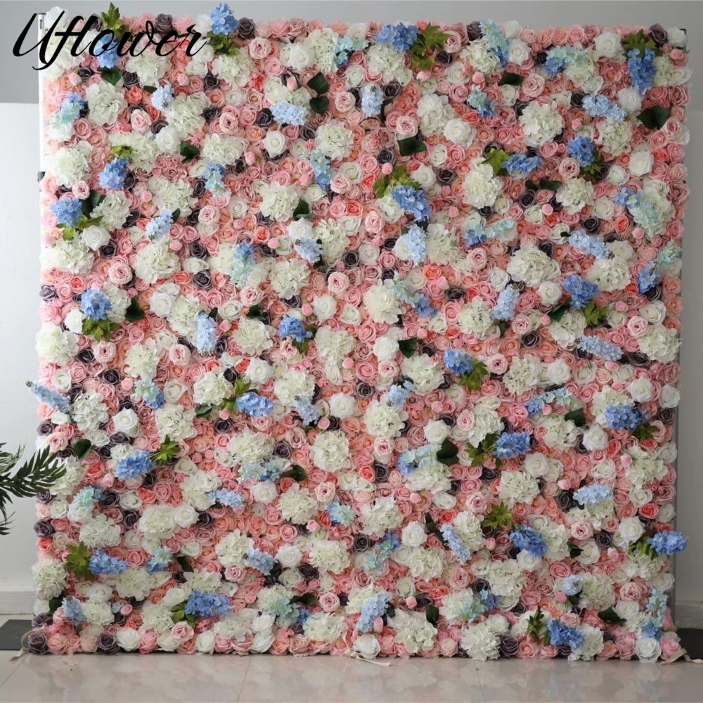 

Uflower Pink rose Champagne hydrangea deluxe edition flower wall 3D Roll Up Curtain Cloth Flower Wall Outdoor Wedding Backdrop
