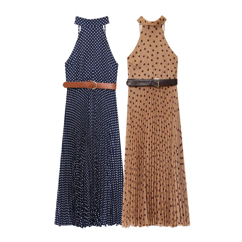 

Women's Summer Fashion Polka Dot Sleeveless Long Dress with Belt Zipper Backless Design Sexy Temperament Gown