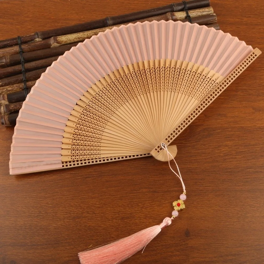 Elegent Silk Bamboo Cloth Folding Fan Chinese Art Crafts Home Decor Handle Fan Tassel Classical Dancing Fan Gifts