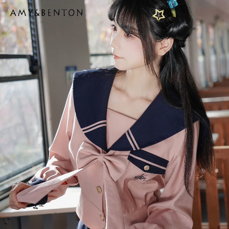 2024 New Japanese JK Uniform Sailor Outfits Preppy Style Cute Sweet Pink Long Short Sleeves Top Pleated Skirt Versatile Set Girl