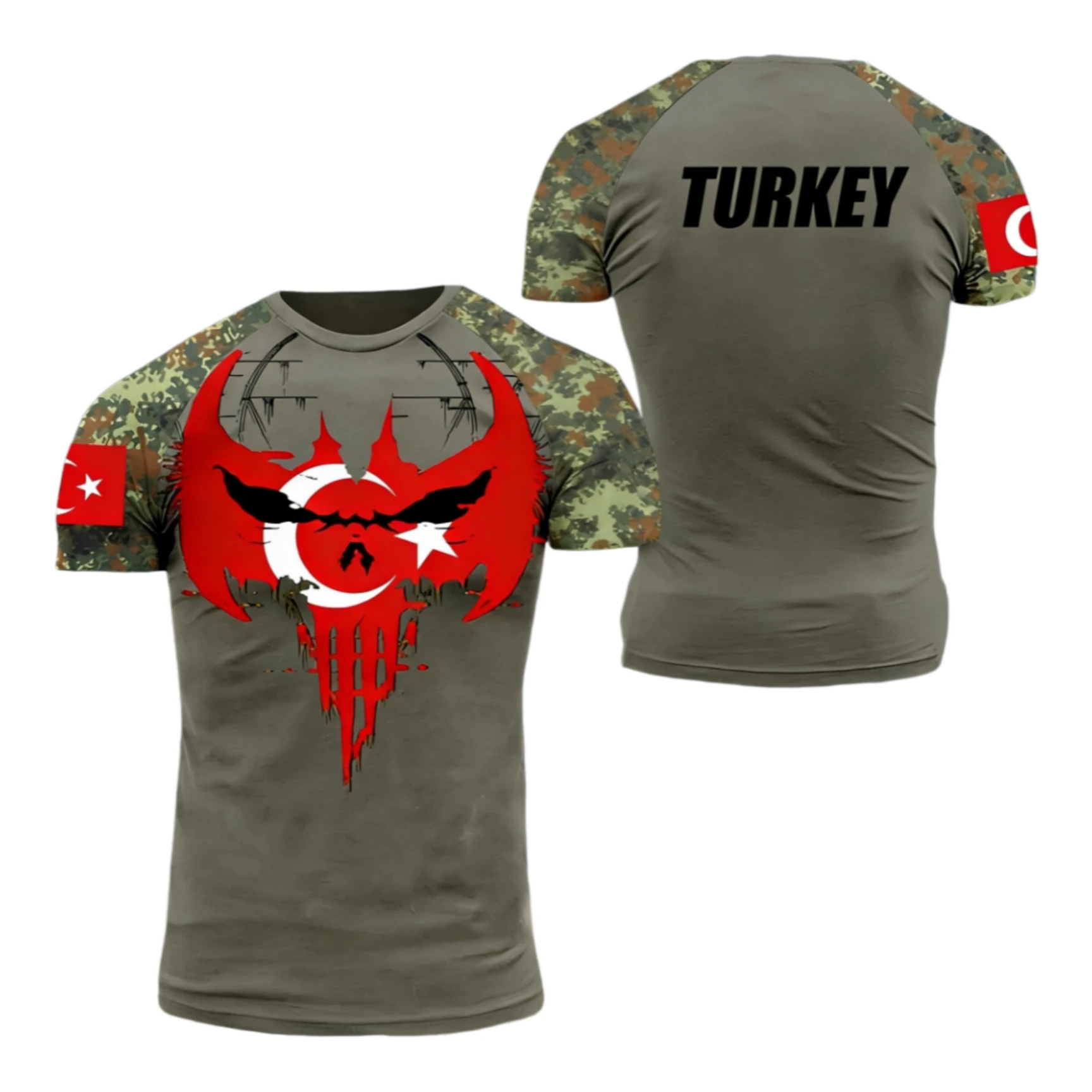 Men's T-shirts with Turkish flag camouflage print, Summer clothing with a crew neck, Fashionable plus-size short-sleeve tops