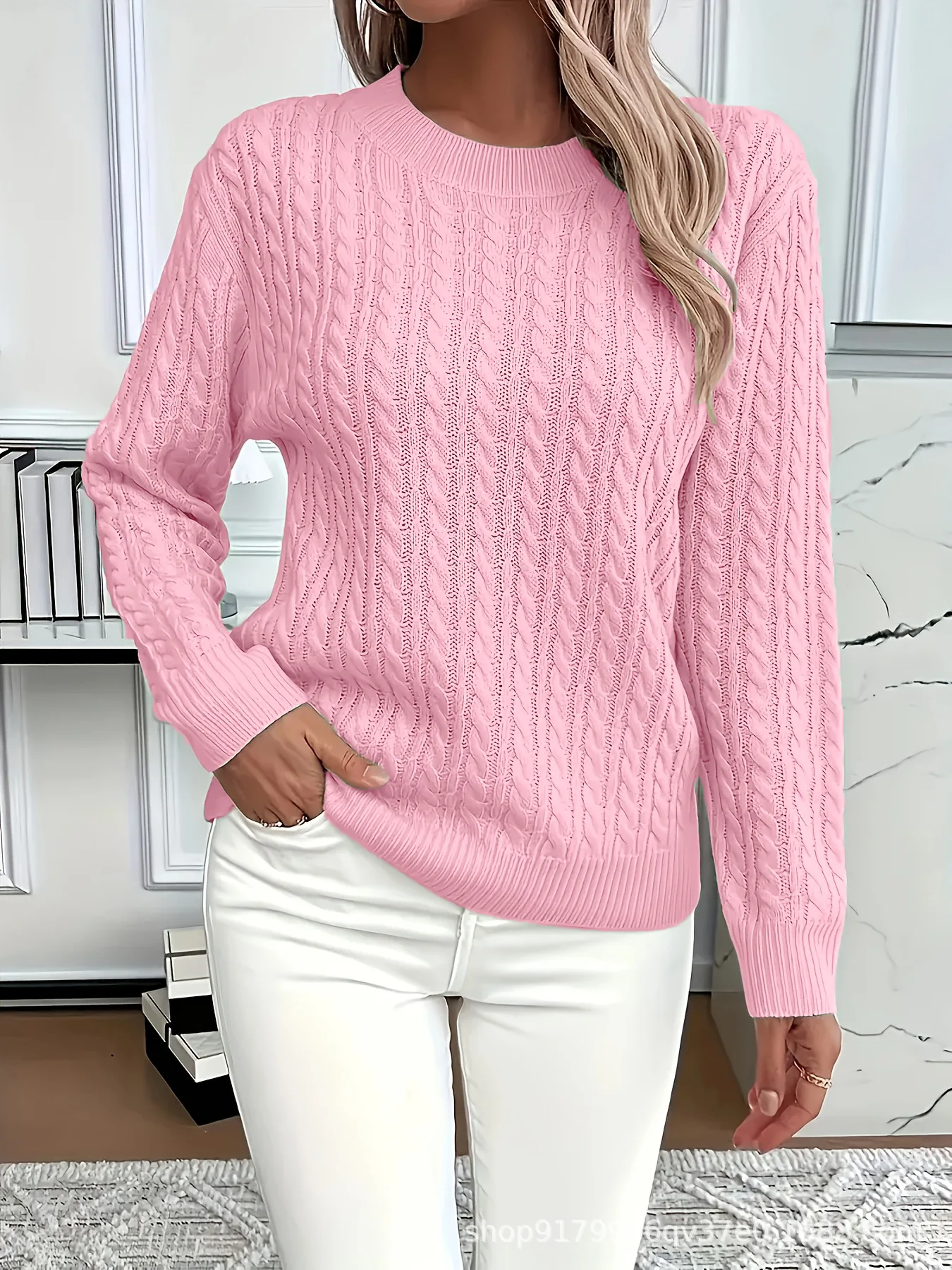Damen Frühling Herbst Strickpullover mit klassischem Zopfmuster und Rundhalsausschnitt