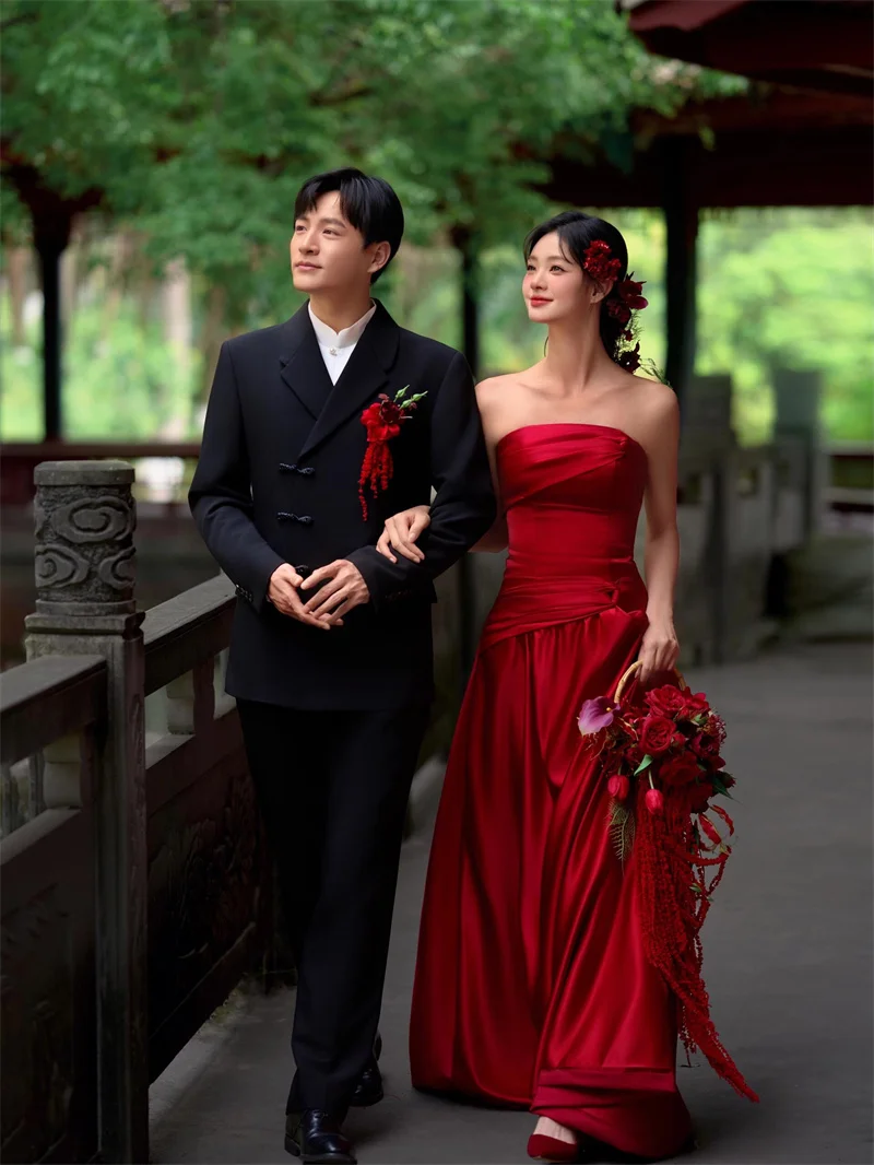 

Красное свадебное платье класса люкс в стиле ретро без бретелек для свадебного приема и церемонии возвращения домой, полиэстер, лето 2025