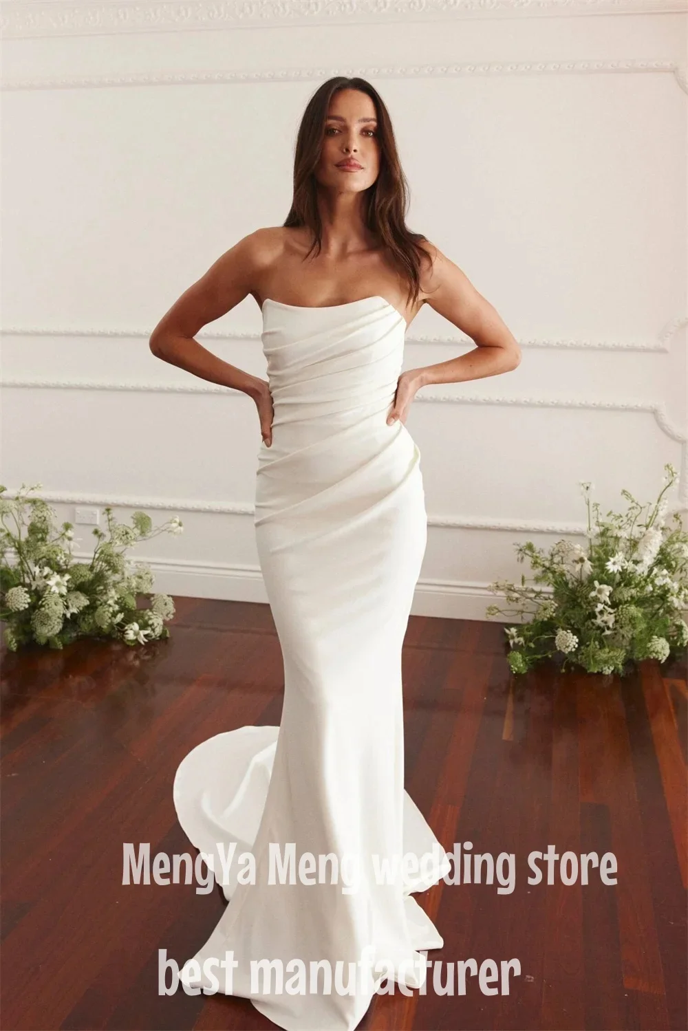 ZHUISHU สีขาว Strapless Mermaid ยาวชุดแต่งงานรถไฟจีบแขนกุด vestidos de novia ปุ่มกลับที่กําหนดเองอย่างเป็นทางการ