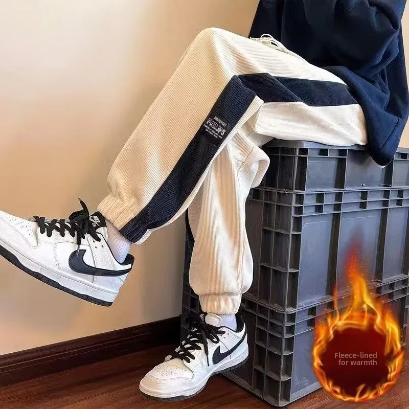 미국 트렌드 컬러 블록 코듀로이 남성용 가을 겨울 두꺼운 캐주얼 스웨트팬츠 루즈핏 엘라스틱 웨이스트 패션 브랜드